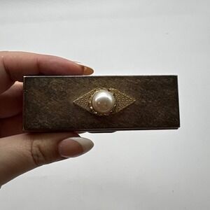 Vintage Silver Metal Lipstick Compact Case Faux Pearl Rhinestone Mid Century